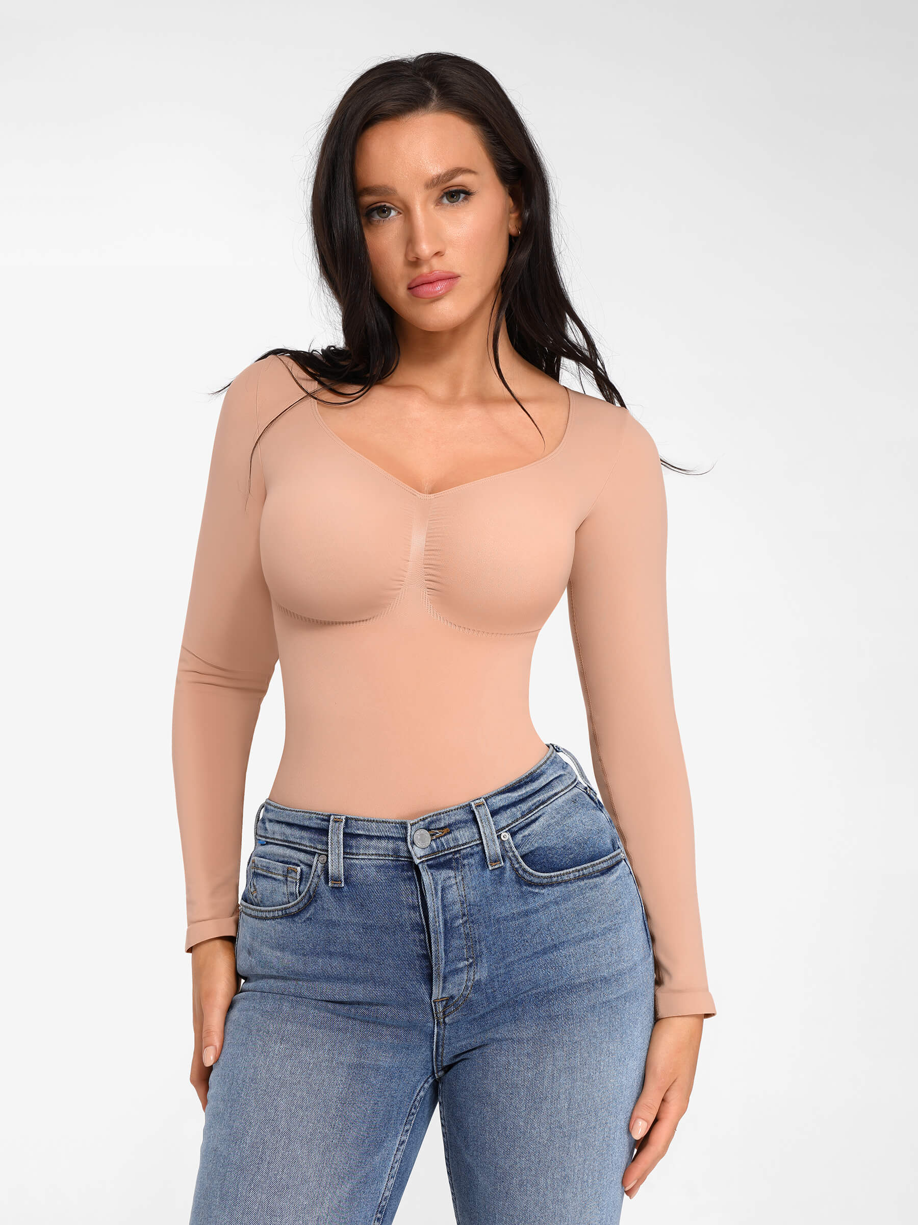 Feelingirl Seamless Long Sleeve Chest Support Tummy Control Thong Bodysuit