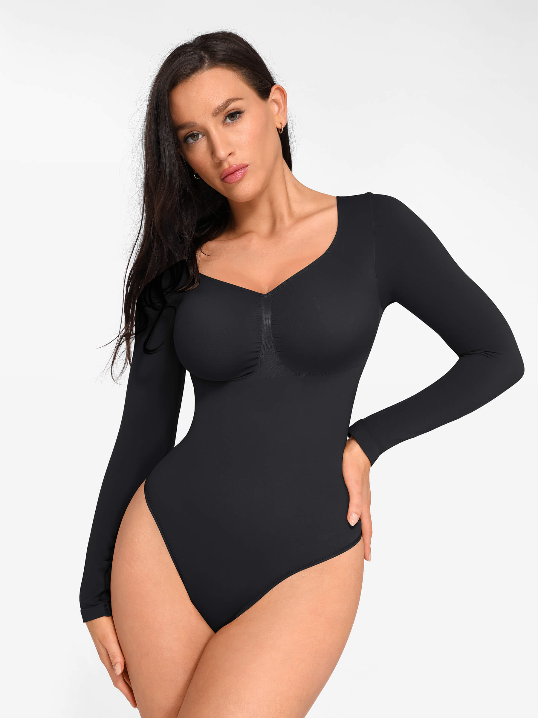 Feelingirl Seamless Long Sleeve Chest Support Tummy Control Thong Bodysuit